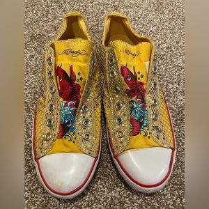 Ed Hardy Low Top Women's Yellow Red Koi Goldfish Laceless Sneaker Shoes Size 5.5